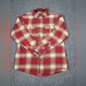 Orvis Men's Size M Flannel Jacket Heavy Shirt Red Cream Plaid Cotton Pockets
